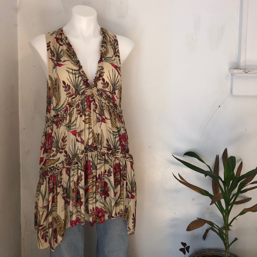 Free People Graphic Bird Print Tunic Blouse MED